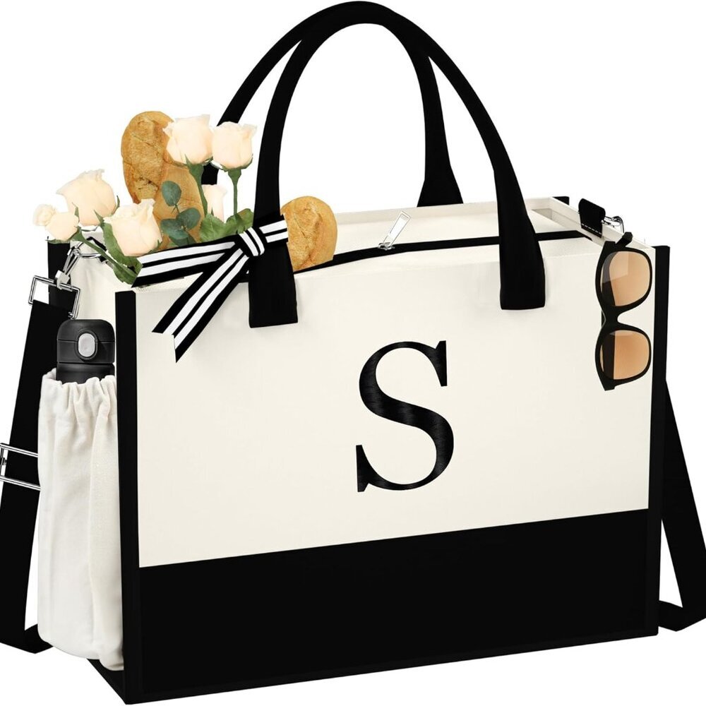 Initial Canvas Tote Bag - Reusable Grocery Bags, Birthday Gifts Basket for Bride